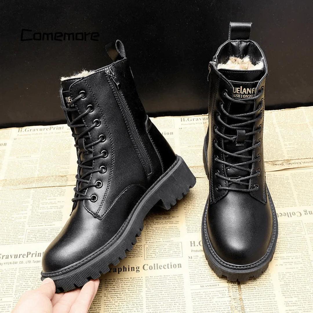 Damskie Czarne Ocieplane Zimowe Buty | Sznurowane