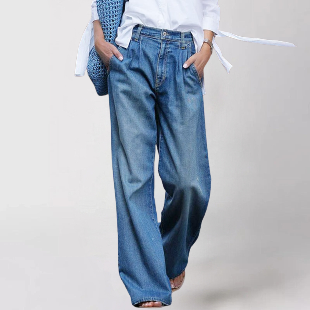 Damskie jeansy z szerokimi nogawkami i kieszeniami