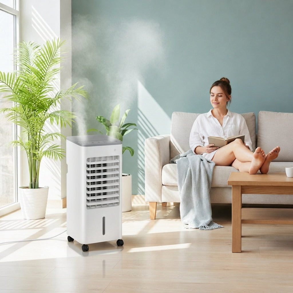 Klimator przenośny 3 w 1 – chłodzenie, wentylacja i nawilżanie powietrza | cichy, timer 24h, na kółkach